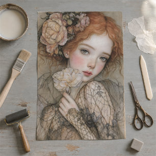Papel De Seda Retrato Floral Decoupage de Pelirroja Romántica