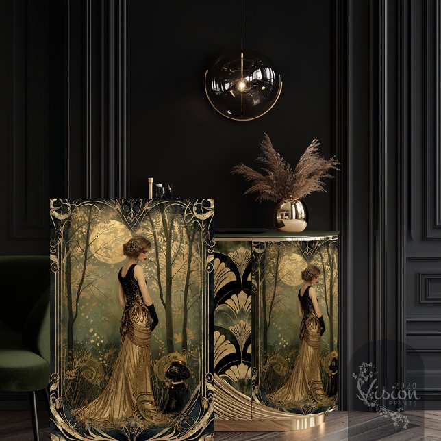 Papel De Seda Retrato Golden Gatsby Hour Flapper Sunset (Golden Gatsby Hour Elegant Flapper Portrait 1920's Nouveau, Decoupage Tissue Paper.)