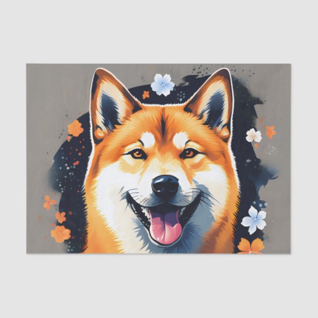 Papel De Seda Retrato Inu Shiba con flores (Anverso)