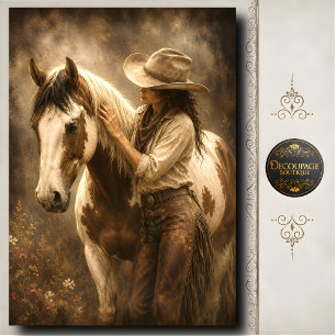 Papel De Seda Retrato occidental de vaquera con caballo pintado