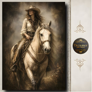 Papel De Seda Retrato occidental de vaquera de caballo blanco De