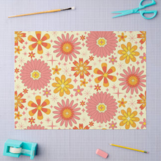 Papel De Seda Retro atomic flowers with starbursts on cream 