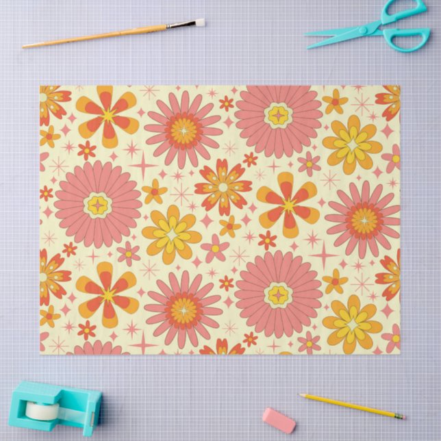 Papel De Seda Retro atomic flowers with starbursts on cream  (Artesanía)