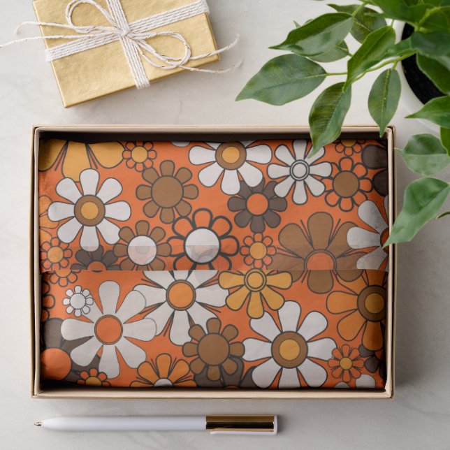 Papel De Seda Retro Boho Floral Marrón Naranja 70s (Regalo )