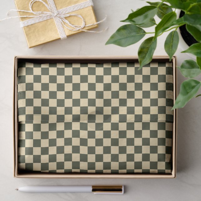 Papel De Seda Retro Checkered in Olive Green and Cream Tissue Pa (Regalo )
