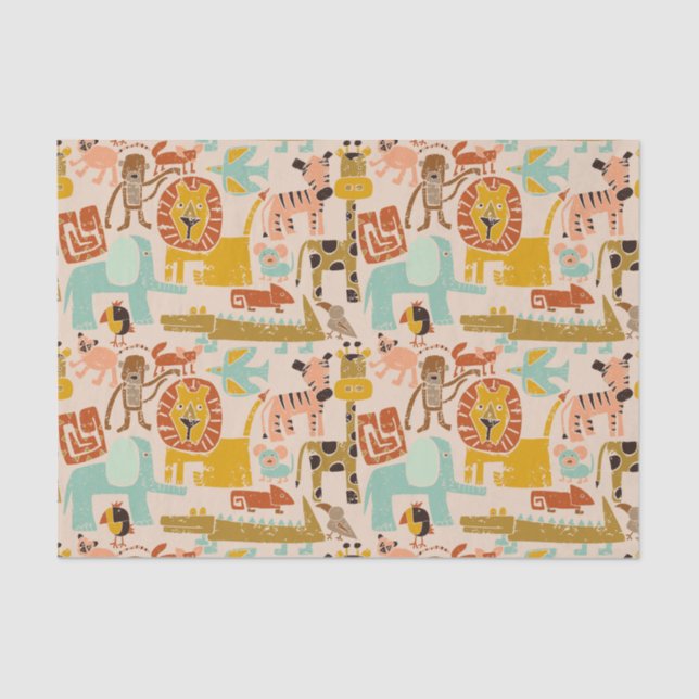 Papel De Seda Retro Jungle Animals Cute Patterado (Anverso)