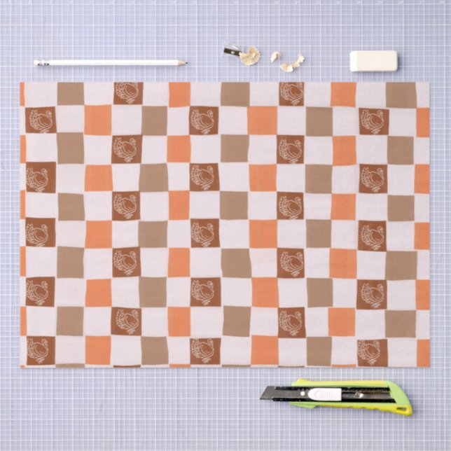 Papel De Seda Retro naranja y marrón Cuadrillé de pavo (Artesanía)