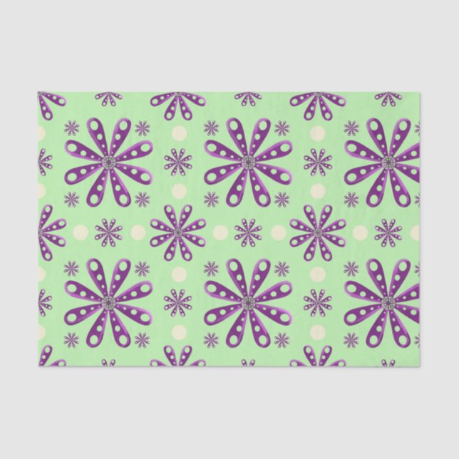 Papel De Seda Retro Purple Flowers on Green Background (Anverso)