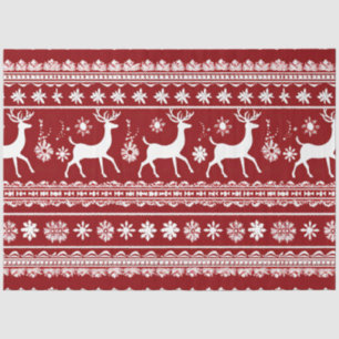 Papel De Seda Retro reno y copos de nieve Navidades rojos oscuro