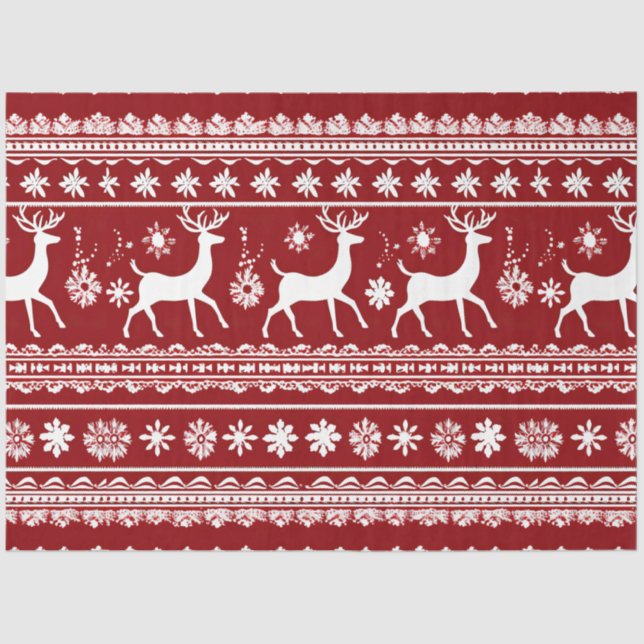 Papel De Seda Retro reno y copos de nieve Navidades rojos oscuro (Anverso)