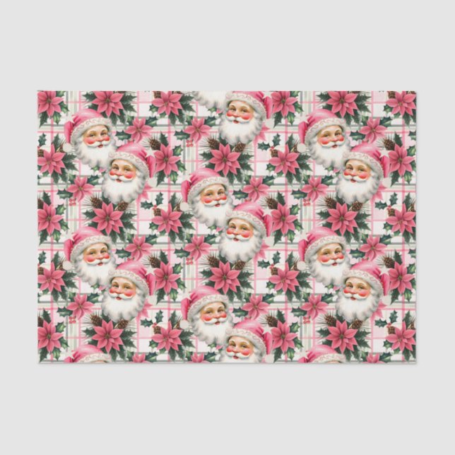 Papel De Seda Retro Rosa Santa Claus Navidades Floral Plaid (Anverso)