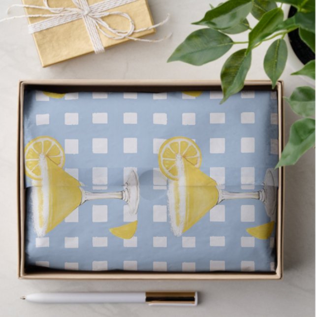 Papel De Seda Retro Sunny Yellow Lemon Drop Blue Check (Perfect for decoupage or gifting!)