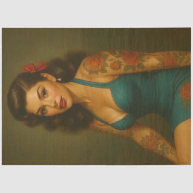 Papel De Seda Retro Teal Pin-Up Tattoo Decoupage (Anverso)