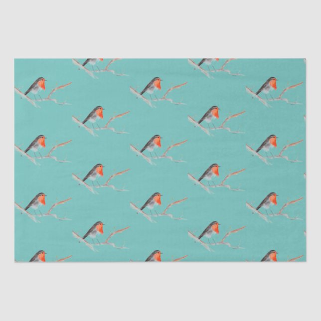 Papel De Seda Robin Bird Woodland Branches Winter acuarela (Anverso)