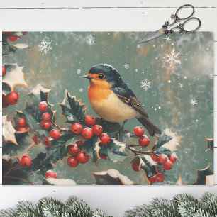 Papel De Seda Robin en la rama de Holly en la página de la nieve