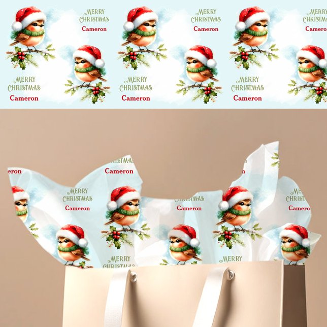 Papel De Seda Robin lindo en Santa Hat Navidades Niños Nombre te (Cute Robin in Santa Hat Christmas Kids Name Text Tissue Paper)