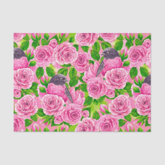 Papel De Seda Robin rosado y rosas (Anverso)