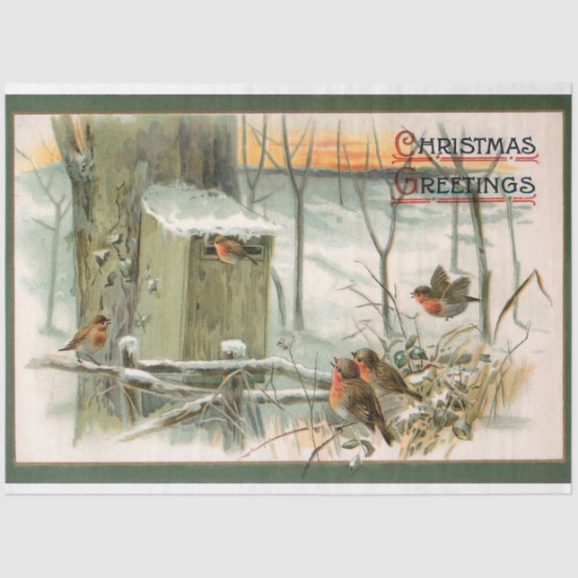 Papel De Seda Robins de época en nieve con saludos navideños (Anverso)