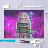 Robot de juguete de Sci fi, galaxia púrpura, retro