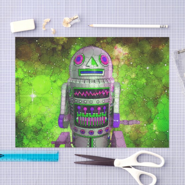 Papel De Seda Robot de juguete de Sci fi, galaxia verde, retro d (Artesanía)