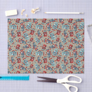 Papel De Seda Robots retro azul y rojo patentado