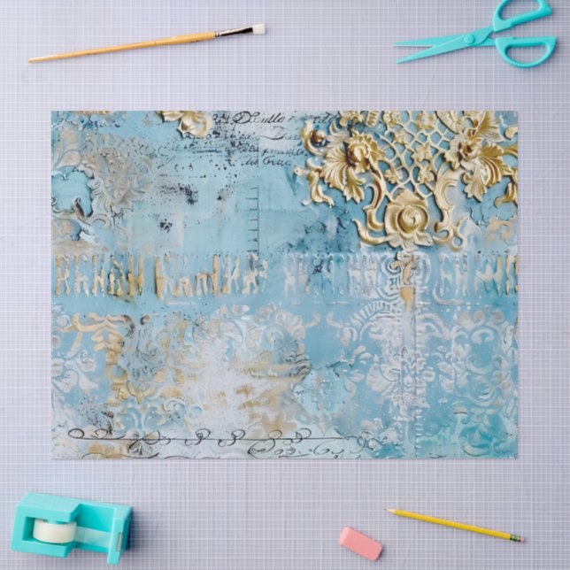 Papel De Seda Rococó Azul Dorado Romántico Italiano (Artesanía)