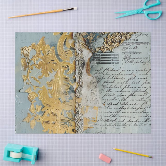 Papel De Seda Rococó Azul Oro Italiano Romántico  (Artesanía)