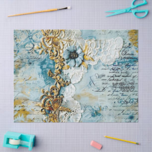 Papel De Seda Rococó Azul Oro Italiano Romántico