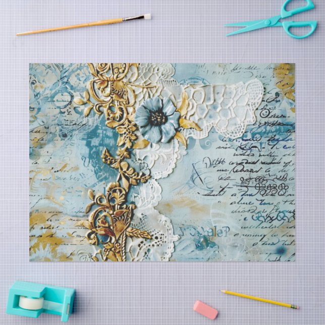 Papel De Seda Rococó Azul Oro Italiano Romántico  (Artesanía)