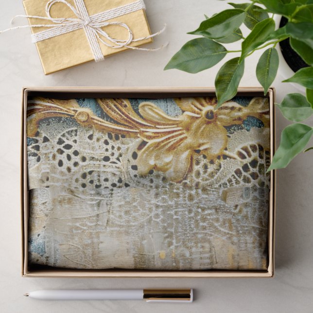 Papel De Seda Rococó Azul Oro Italiano Romántico  (Regalo )