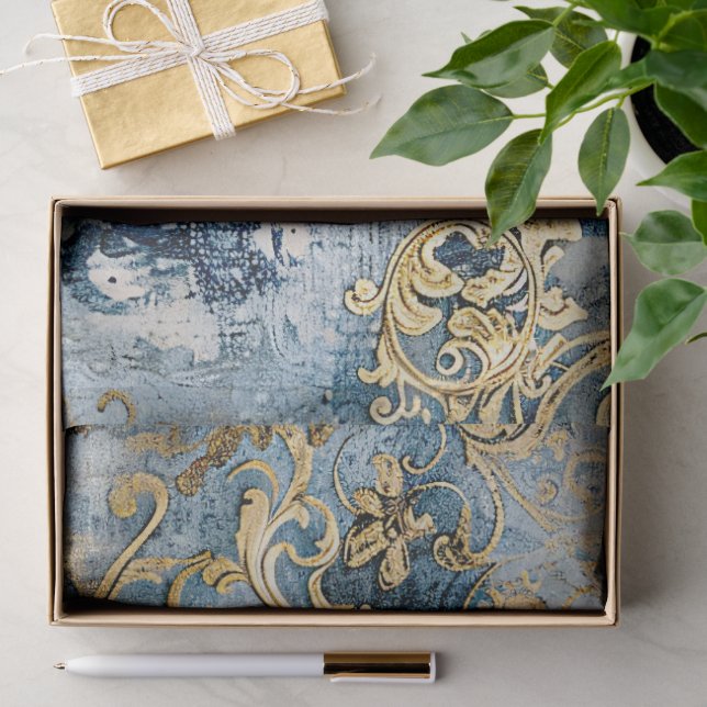 Papel De Seda Rococó Azul Oro Italiano Romántico  (Regalo )