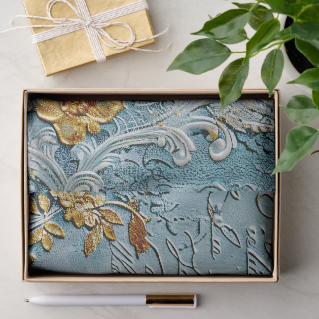 Papel De Seda Rococo Blue Gold Italian Romantic  (Regalo )