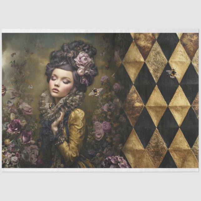 Papel De Seda Rococo Buzz Victorian Woman Checkers Floral & Bee (Anverso)
