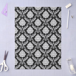 Papel De Seda Rococo Damask Rpt Patrón Blanco sobre Negro
