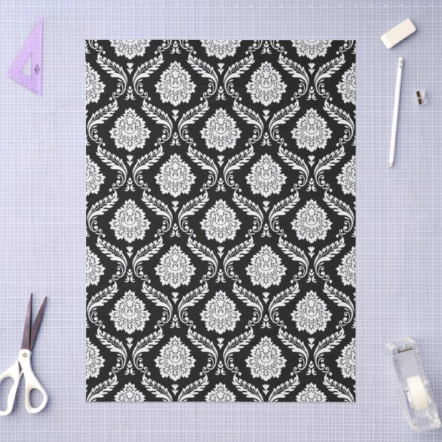 Papel De Seda Rococo Damask Rpt Patrón Blanco sobre Negro (Artesanía)