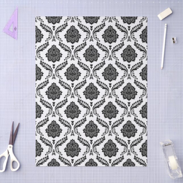 Papel De Seda Rococo Damask Rpt Patrón Negro sobre Blanco (Artesanía)