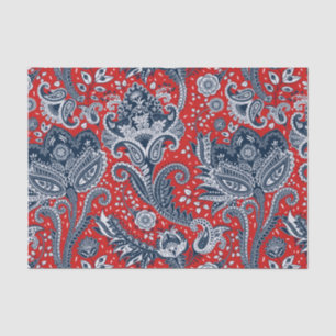 Papel De Seda Rojo Blanco y Azul Floral Paisley Boho Bohemio