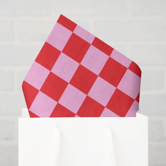 Papel De Seda Rojo Brillante y Cuadros Rosa Claro (Bolsa de regalo)
