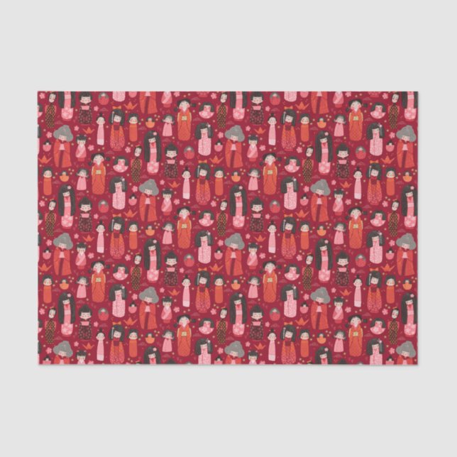 Papel De Seda Rojo kokeshi japonés ilustrado con tiesto (Anverso)