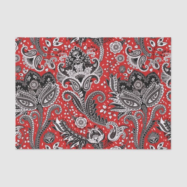 Papel De Seda Rojo Negro y Blanco Floral Paisley Boho Bohemio (Anverso)