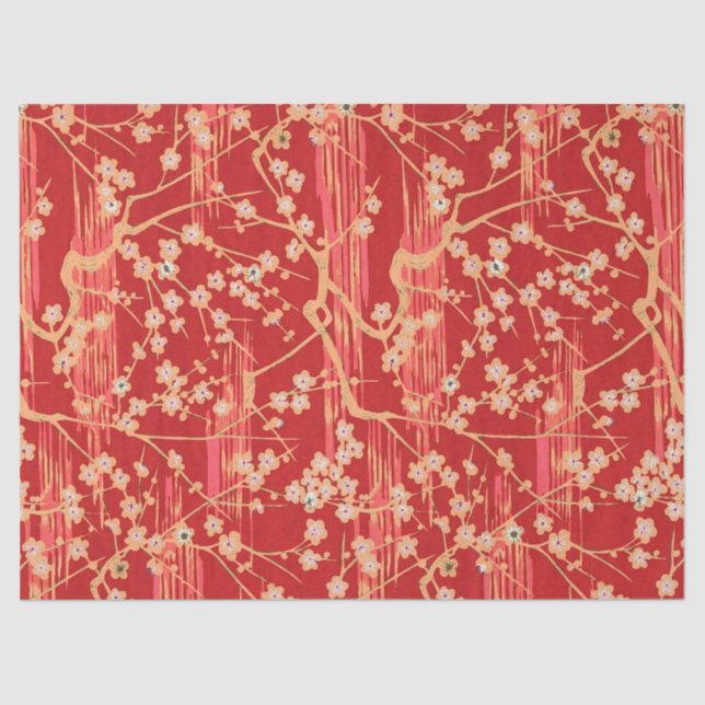 Papel De Seda ROJO SAKURA FLORES Patrón floral antiguo japonés (Anverso)