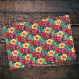 Papel De Seda Rojo tropical y oro en hojas verdes Hibiscus