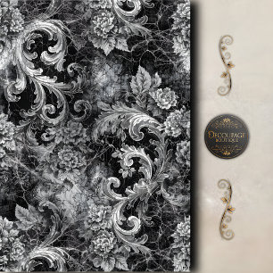 Papel De Seda Rollo Floral de Decoupage de Plata Negra