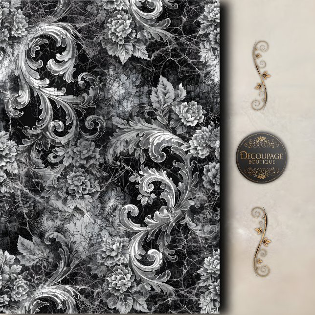 Papel De Seda Rollo Floral de Decoupage de Plata Negra (Black Silver Scroll Floral Decoupage Tissue Paper)