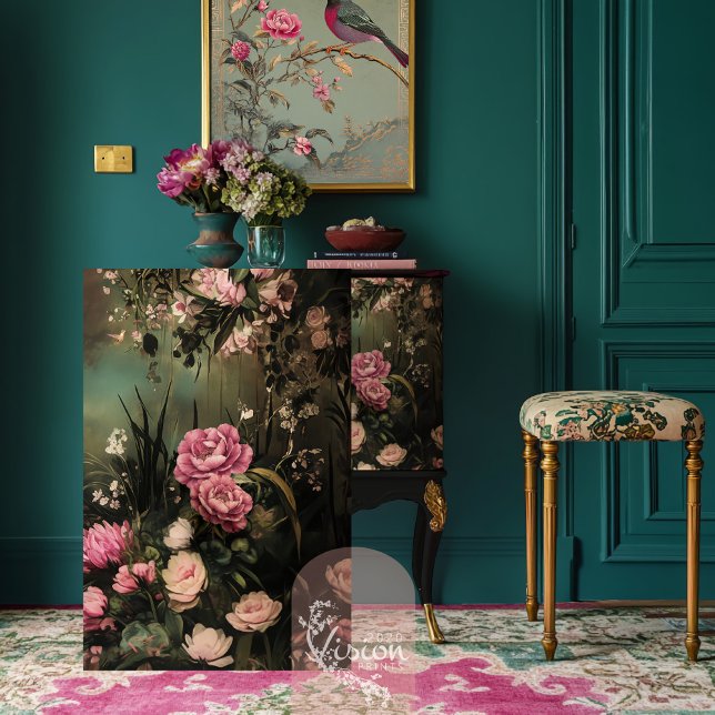 Papel De Seda Romance en el jardín, jardín floral etéreo (Garden Romance, Ethereal moody green Floral scene with pink flowers, furniture decoupage tissue)