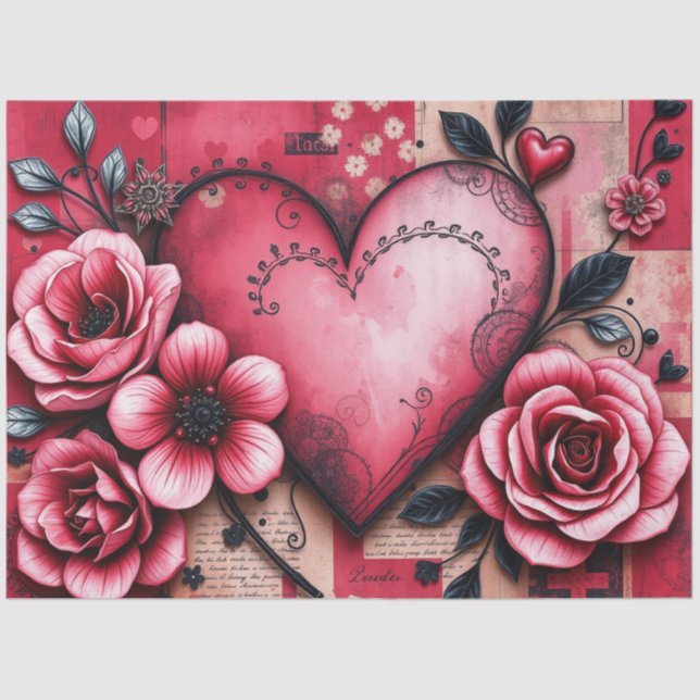 Papel De Seda Romantic Gothic Hearts and flowers Tissue Paper (Anverso)
