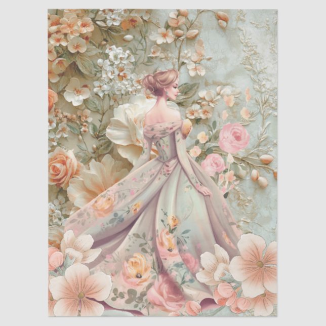 Papel De Seda Romantic Lady In Floral Dress Decoupage Paper (Anverso)