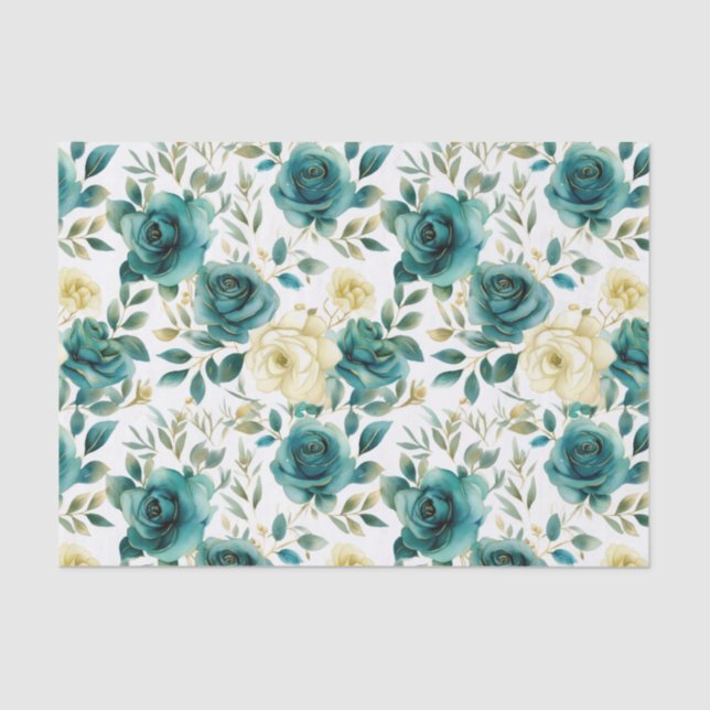 Papel De Seda Romántica crema verde verde Rosa floral (Anverso)