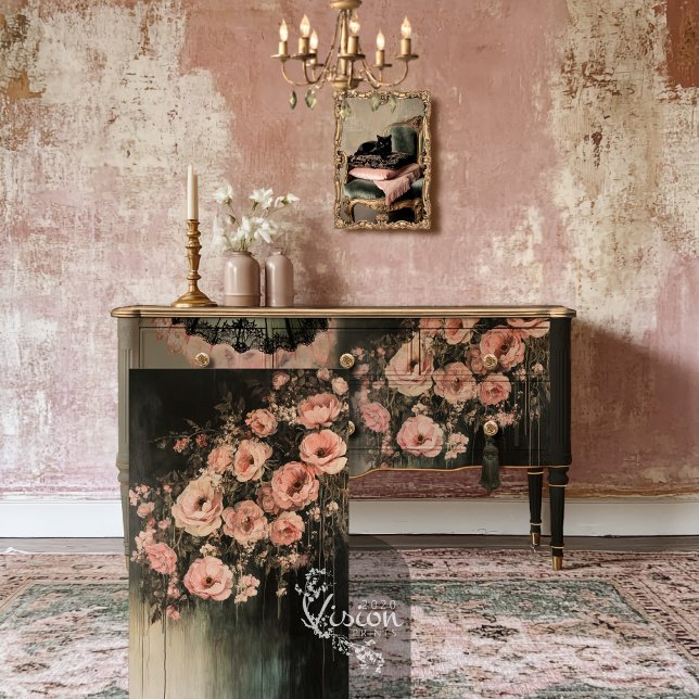 Papel De Seda Romántico Eéreo Salmon Pink Moody Florals (Romantic Ethereal Floral Blooms, Salmon Pink & Moody Midnight Green Decoupage Tissue Paper)
