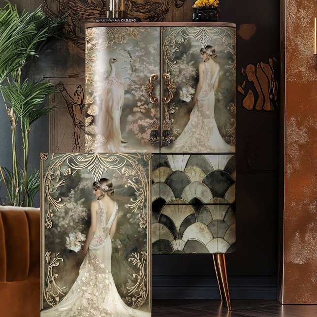 Papel De Seda Romántico Flapper y Floral de los años 20 (Elegant Flapper, Art Deco, Cherry Blossoms, 1920's Vintage Portrait Tissue Paper)